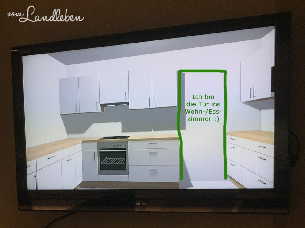 Blick vom Kühlschrank aus. Links kommt die Spüle hin, da ist auch das Fenster. Neben dem Kühlschrank (gegenüber vom Backofen) geht's in die Vorratskammer.