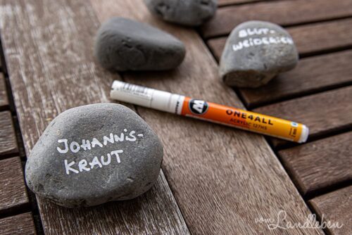 Steine beschriften als Pflanzenschild