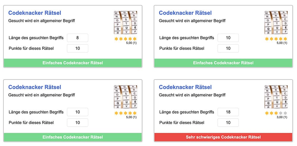 Screenshot: Codeknacker-Rätsel auf ratehase.de