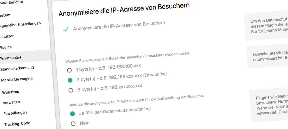 Matomo: IP-Adressen anonymisieren