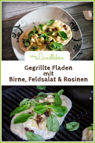 Rezept: Gegrillte Fladen mit Birne, Feldsalat & Rosinen