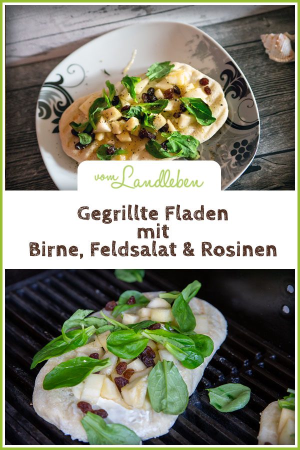 Gegrillte Fladen mit Birne, Feldsalat & Rosinen