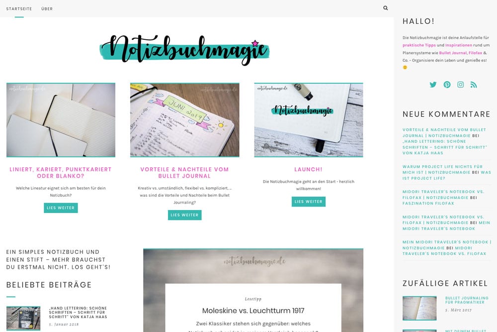 Screenshot notizbuchmagie.de - Juni 2019
