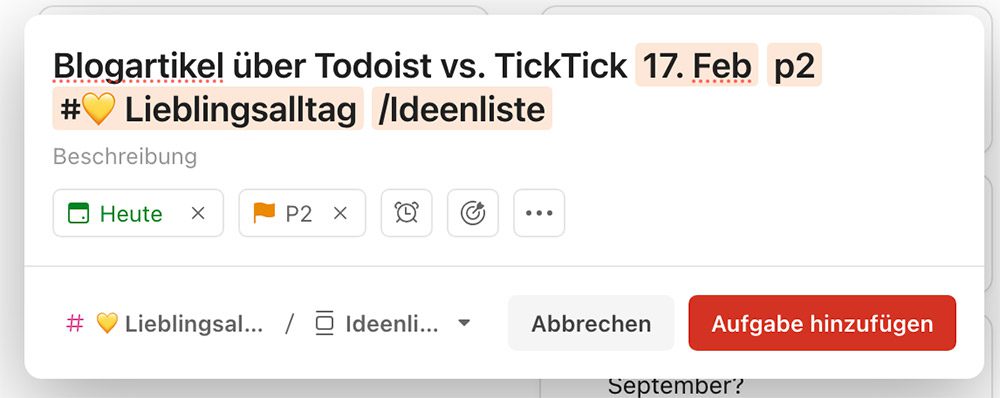 Aufgabe hinzufügen in Todoist